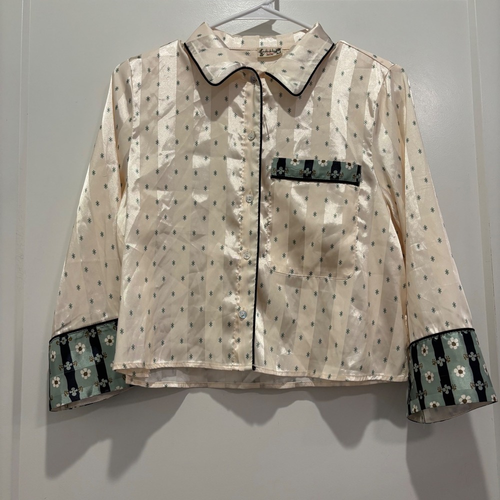 Intimately Free People Satin Pajama Top Cream Green Floral Stripe Sleep Shirt XS
